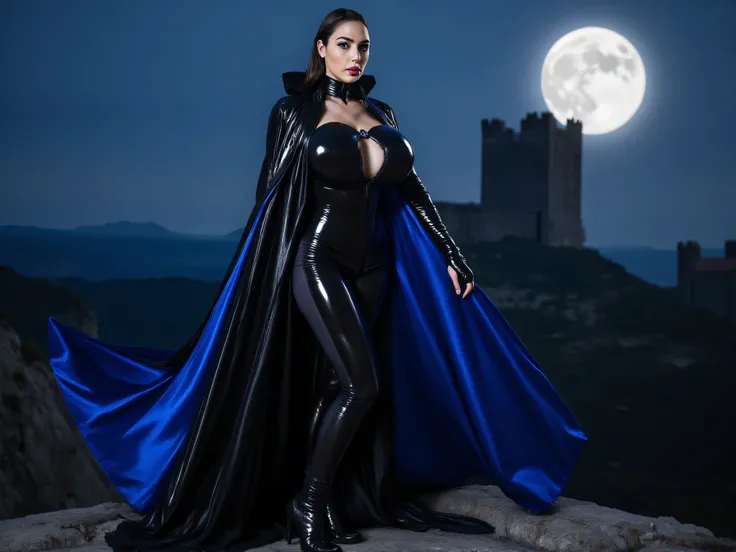 bright flash,overexposed,raw photography,Full length view create a very tall slender buxom Vampire woman wearing a dramatic, shiny latex ensemble.  The centerpiece is a latex Catsuit enhancing her very Large Breasts, Shiny Pants leading into black thigh hi...