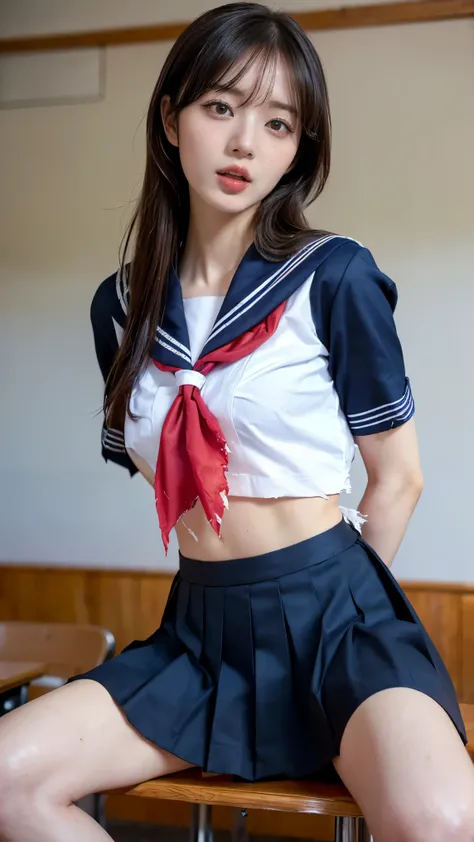 ((best quality, 8K wallpaper,  35 mm lens, highly realistic picture, high resolution, detailed face, detailed skin, masterpiece)), (solo:1.5), (torn clothes:1.5), (A young Japanese girl is shouting to stop abuse with her sailor shirt completely open on bot...