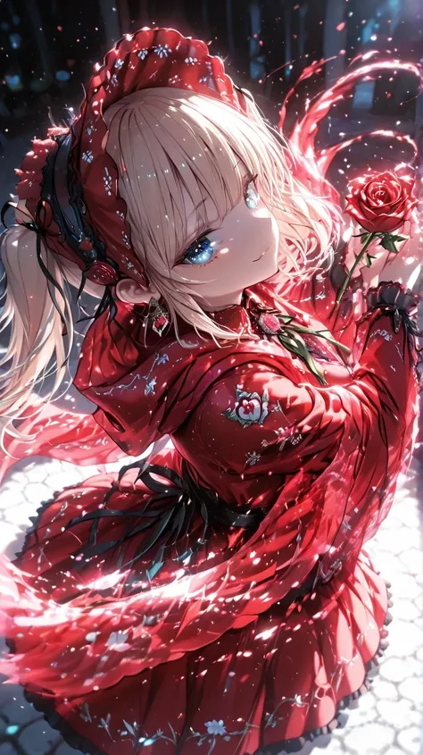 (deep red, rozen maiden, light blond hair, twin tails tied at the back of the head ,
blue eyes,Wearing a red gown 、
he wears a matching shawl and large red bonnet as accessories。
, The hood is fastened with a black ribbon, with a green ribbon tied around...