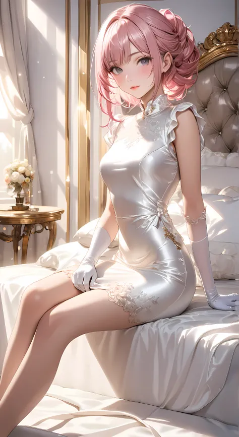 Full body photo、 portrait、god々Shining Light、( masterpiece, Highest Quality, super high resolution ),Highly Detailed CG, Japanese woman,(( beautiful faces)),(( short sleeve tight dress、Made of white silk satin))、((The dress has a simple design with no fri...