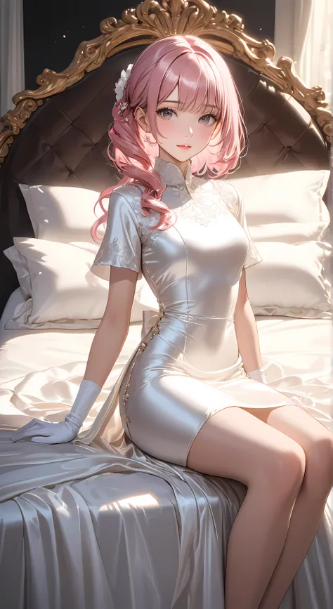 Full body photo、 portrait、god々Shining Light、( masterpiece, Highest Quality, super high resolution ),Highly Detailed CG, Japanese woman,(( beautiful faces)),(( short sleeve tight dress、Made of white silk satin))、((The dress has a simple design with no fri...