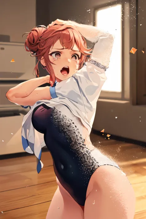 cockpit_explosion, fire, electricity, screaming, explosion, science fiction, wide-eyed, tearing clothes, standing, blood, scared, sweat, crying, mecha, torn clothes, tears, cockpit,1girl、wearing black gymnastics bloomers,high leg,white blouse,cowboy shot,s...