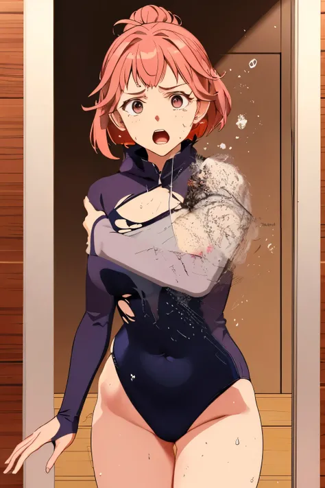 cockpit_explosion, fire, electricity, screaming, explosion, science fiction, wide-eyed, tearing clothes, standing, blood, scared, sweat, crying, mecha, torn clothes, tears, cockpit,1girl、wearing black gymnastics bloomers,high leg,white blouse,cowboy shot,s...