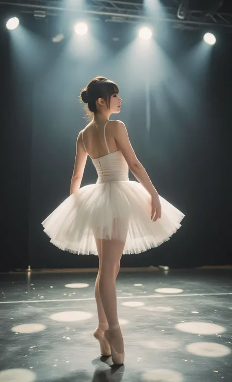 masterpiece, photorealistic, 8k uhd, super detailed, Ultra realistic, Highest Quality, A ballerina in a white tutu photographed during costume rehearsal, Theatrical spotlights creating a dramatic chiaroscuro effect, Speckled light patterns scattered acr...