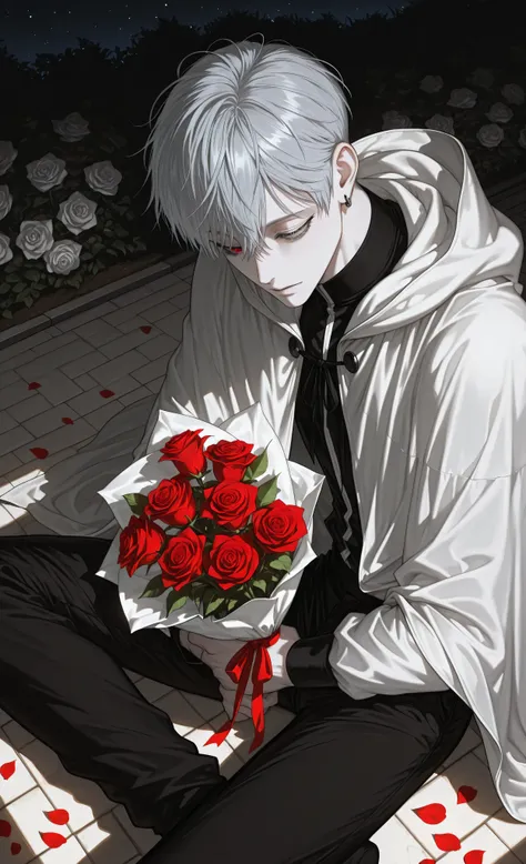 moody lighting, dramatic shadows, bloom lighting, colored shadows, (masterpiece, best quality, 8k, ultra detailed, sharp focus, digital painting), anime style, dreamlike atmosphere, nocturnal serenity,
**(1male:1.4), (masculine young man),** ambiguous eth...