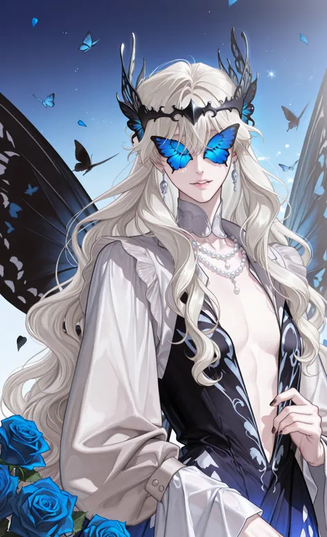 (masterpiece, detailed:1.2), (masterpiece, best quality, 8k, ultra detailed, sharp focus:1.3), digital painting, anime style, high fashion, ethereal atmosphere, delicate male beauty, 1man, solo, young man, pale porcelain skin, (platinum blonde voluminous w...