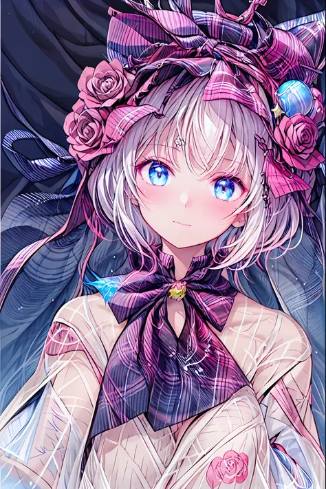 Blue Rose,(((大きなBlue Rose一輪))),((Roses are dancing)),((from above:1.2)),upper body,Bust Shot,face up,rozen maiden、The Rose Knight、 rose warrior 、Its beauty is like a rose、 petals一枚ごとに棘の秘密を隠す ,meteor、空から降り注ぐmeteor、無数のmeteor群、brown hair,shortcuts,dishevel...