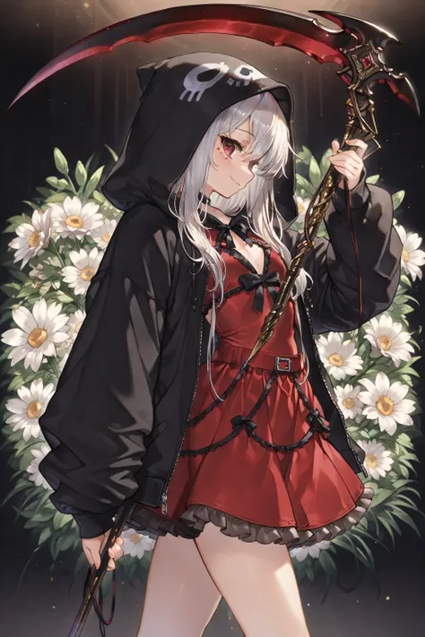 Beautiful Girl, Chicore from Flower Night、16 years old, long hair, Ruby Eyes , ,red cami dress with two shields、miniskirt(Highest Quality,8k,high resolution,masterpiece:1.2),Ultra Details,complicated details,highly detailed face,standing、 Frilled Outfit 、...