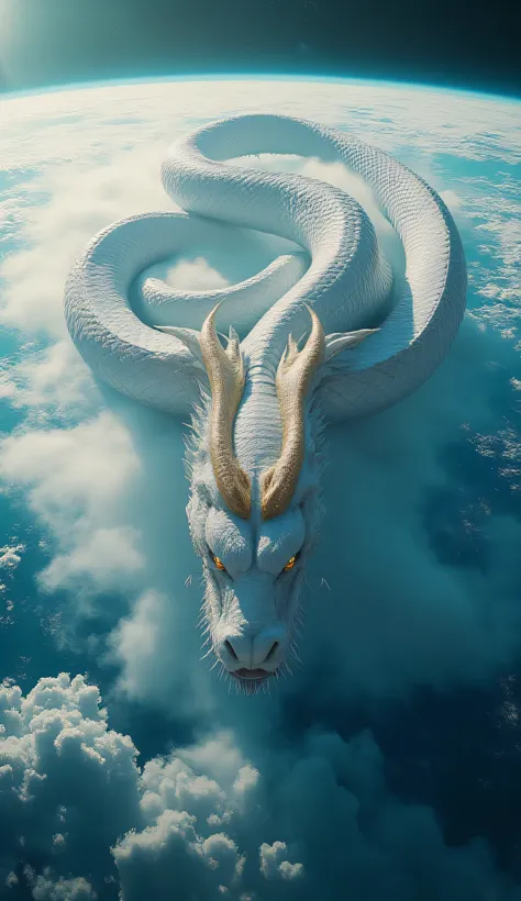 a gigantic white dragon snake spread over the surface of planet Earth, seen from space, his body glides majestically between the clouds and over the curvature of planet, pearlescent scales with silver and bluish reflections, hyperrealistic texture with vis...