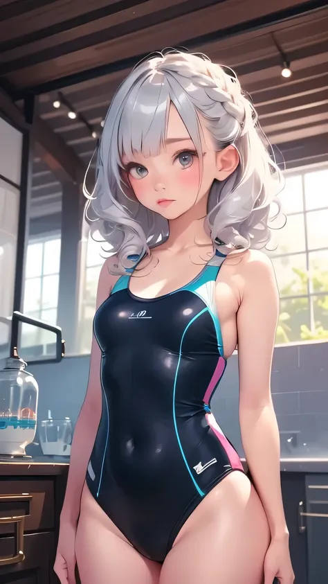 very detailed CG Unity 8K 壁紙),(masterpiece), (Highest Quality), (very detailed), (With the best illustrations),( Best Shadow ), sea、summer、swimsuit、 curly silver hair 