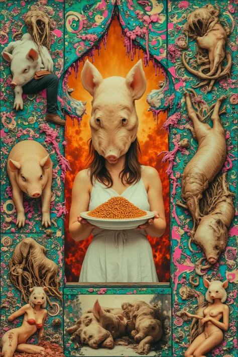 A surreal and vividly colorful collage blends elements of horror and fantasy. The central figure, a person in a white dress, wears a realistic pig mask, holding a plate piled with what appears to be baked beans. The background features fiery orange hues, s...
