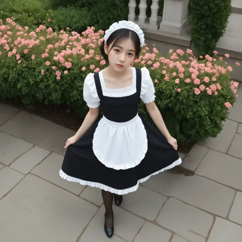 one girl、maids,Look at the audience,(skinny:0.36),(younger:1.15),from above,lean forward,is watering flowers outside the mansion,japanese,(Smile Yang:0.08),black lace stockings
