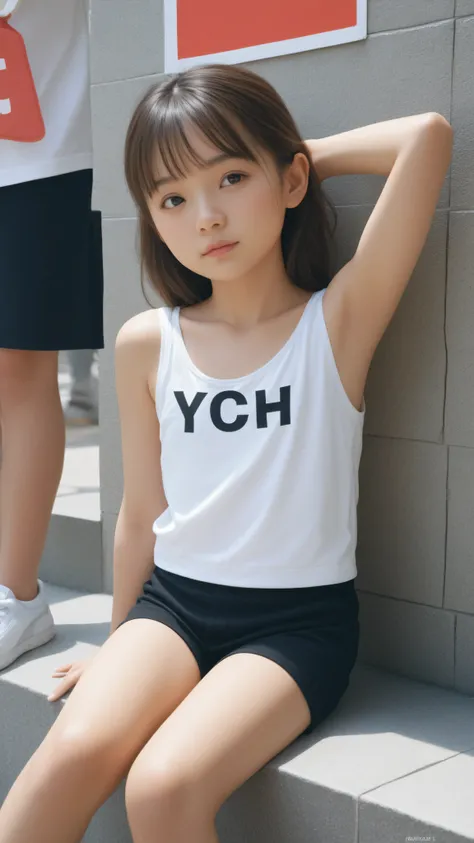 one girl、wears a tank top、raise your hand and look at your armpits taken from behind,Rating_Safety,(skinny:1.01),(younger:0.62),japanese,people sitting down 、Look at the audience,(Smile Yang:0.18)
