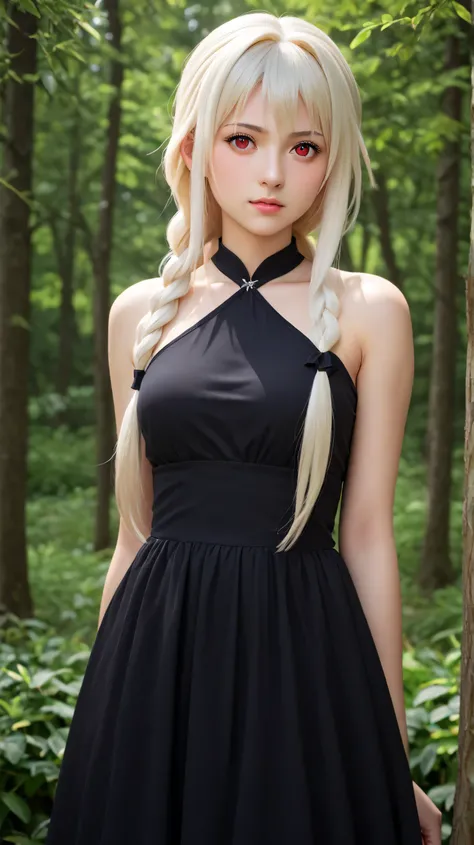 1girl, solo,alice zuberg,red eyes,white hair,outdoors,potrait,medium breast,(nature backround),(black dress:1.5),long hair,front view,potrait,close up,standing still,Masterpiece, best quality, 8k, ultra high resolution, cinematic composition,forest,(braide...