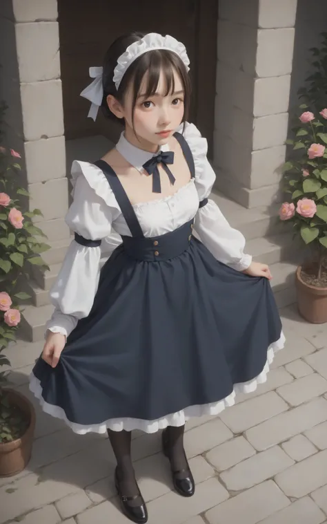 one girl、maids,Look at the audience,(skinny:0.68),(younger:1.12),from above,lean forward,(big boobs:-0.03),is watering flowers outside the mansion,japanese,(Smile Yang:0.06),black lace stockings