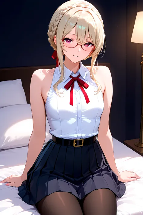 She is beautiful、is an obscene mature woman.
黒いeye, long upward eyeliner.
crown braid platinum blonde hair, eye, Red-rimmed Glasses.
white collared shirt, sleeveless, red ribbon, Black Pleated Skirt, black belt, black tights for hypnosis.
small breasts.
an...