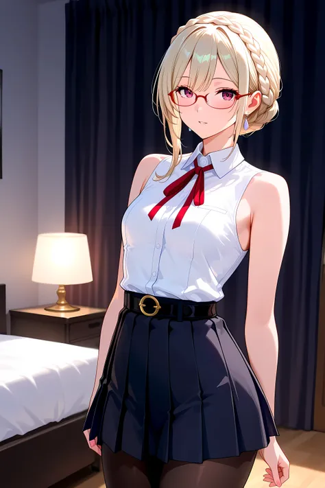 She is beautiful、is an obscene mature woman.
黒いeye, long upward eyeliner.
crown braid platinum blonde hair, eye, Red-rimmed Glasses.
white collared shirt, sleeveless, red ribbon, Black Pleated Skirt, black belt, black tights for hypnosis.
small breasts.
an...