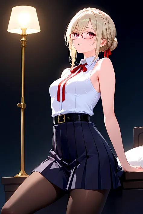 She is beautiful、is an obscene mature woman.
黒いeye, long upward eyeliner.
crown braid platinum blonde hair, eye, Red-rimmed Glasses.
white collared shirt, sleeveless, red ribbon, Black Pleated Skirt, black belt, black tights for hypnosis.
small breasts.
an...