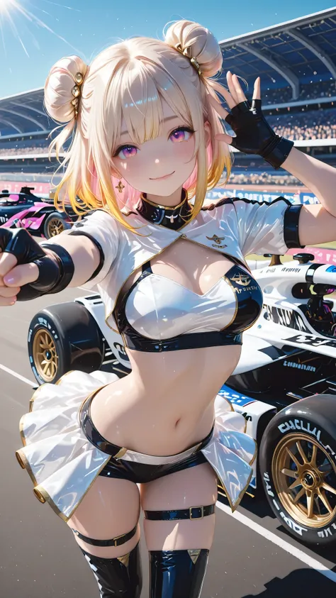 (finely best quality illustration:1.3), (kawaii girl:1.1), (1girl, solo:1), beautiful skin,perfect eyes,Jewelry eyes, A cheerful anime-style,white bun hair with gold highlights at the tips, crop top, ,midriff, showgirl skirt, fingerless gloves, micro short...