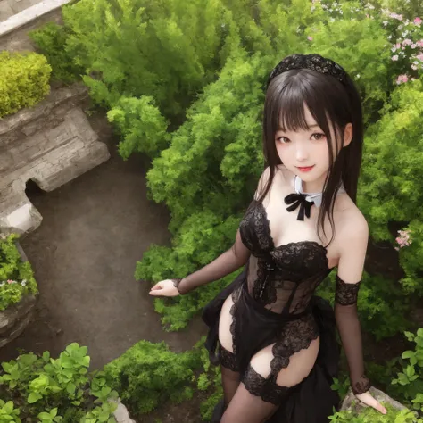 (Biological Corpse Factory)、maids,Look at the audience,(skinny:0.97),(younger:1.13),from above,に付けたblack lace stockings,lean forward,(big boobs:0.09),japanese,(Smile Yang:0.45),black lace stockings