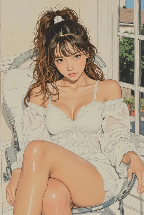 Realistic, a photogenic illustration of a beautiful woman, photogenic illustration of a beautiful woman. she comfortably surrounds your body , with curly brown hair tied in a scrunchie. she's a slender, small, flat chested. She's a linen material, wearing...