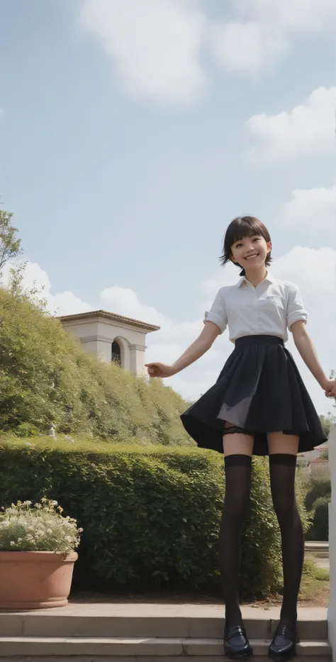 (Biological Corpse Factory),(big boobs:0.20),Look at the audience,(skinny:1.14),(smile:1.16),(younger:1.31),maids,from below,に付けたblack lace stockings,(The wind is rolling up the girl's skirt:1.5),black lace stockings