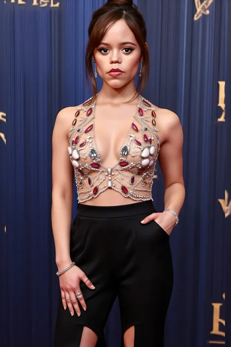 hyperrealistic Emma Watson with big breasts , She is wearing micro denim shorts, in ihrem Hintern, and put on a knotted shirt, I like to show the huge cleavage — here is as detailed a picture description as possible in German:

The image shows a standing w...