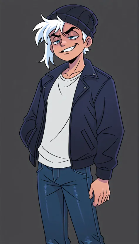 1boy, male focus, 5'11 ft tall, solo, adult, human male, handsome, short white hair, blue eyes, jacket, beanie, asymmetrical hair fade, jeans, (angrily bored, unimpressed, sarcastic grin), vivziepop, boondocks style