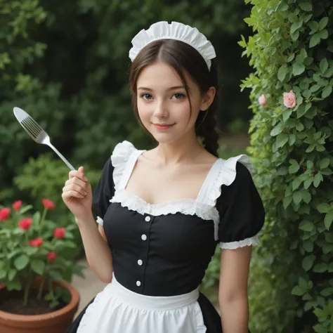 (Biological Corpse Factory),(big boobs:0.85),Look at the audience,(skinny:0.89),(smile:0.93),(younger:1.21),maids,に付けたblack lace stockings,black lace stockings