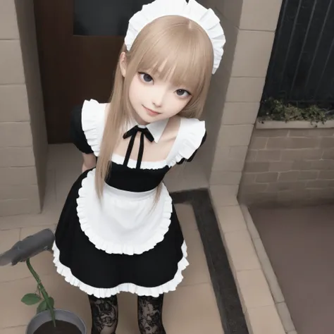 one girl、maids,Look at the audience,(skinny:1.07),(younger:0.71),from above,lean forward,is watering flowers outside the mansion,japanese,(Smile Yang:0.56),black lace stockings