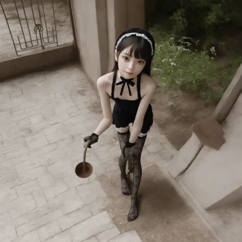 one girl、maids,Look at the audience,(skinny:1.07),(younger:0.71),from above,lean forward,is watering flowers outside the mansion,japanese,(Smile Yang:0.56),black lace stockings
