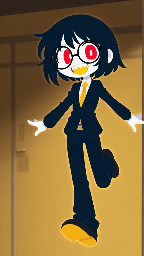 (seul:1.2), 1girl\(mignon, mignon,(sourire cruel),   disperser beaucoup de documents, Dents doubles:1.3,  costume d'affaires \(cheveux foncés:1),(73 minutes,Raccourcis),(Bunhead:1.5), yeux rouges,  (de beaux yeux dispersés à travers beaucoup de documents s...