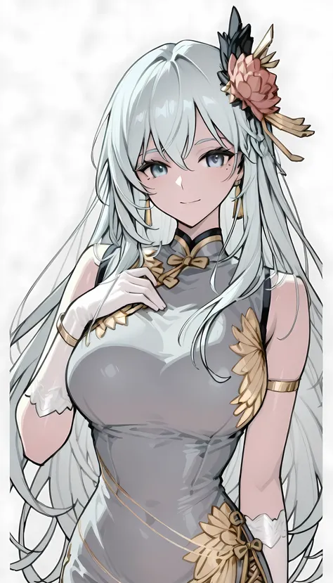 UHD, anatomically correct, textured skin, high details, best quality, textured skin, high quality, 16k,Left arm bracelet、Right Wrist Bracelet、Pure White Sleeveless China Dress、anime girl with white soles、Braids、Anime Goddess、gray hairの女性、gray hair、Kaiji Ji...