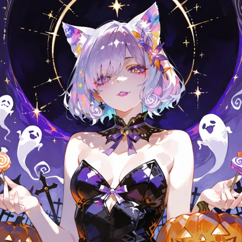 reduce the volume on the top of their heads，small breasts，Halloween(pumpkin､cat､Ghost)，   Bunny Girl Style，improve the ruddy color of the lips，watercolor, (masterpiece), Handsome, Highest Quality, Impasto, perfect face, Adult Woman, upper body(Make a move)...