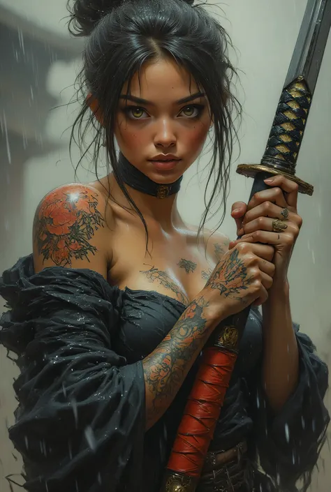 masterpiece, 8k resolution, ultra detailed, pastel color palette, beige skin surface. a sexy woman with a focused expression, holding a katana. Her hair is styled in a messy bun, and she has light skin with freckles. She is wearing only a dark, revealing ...
