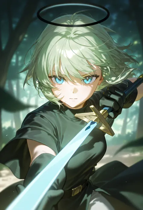 Anime girl holding a blue sword with a black halo in the middle of a green forest 