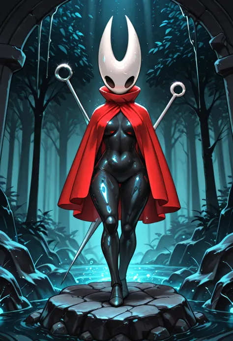 "A striking illustration of Hornet from Hollow Knight: Silksong, standing tall on a rocky cliff overlooking a vast, eerie voidscape. Her red cape is open, billowing slightly to reveal her lithe, insectoid figure, with subtle hints of her form beneath. She ...