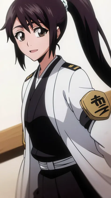 masterpiece, Highest quality , one girl from the side , romantic love , black hair, single ,ponytail, Straight long hair, Vancouver, brown eyes, kimono, white sleeveless coat ,Captain's coat without white sleeves, black kimono , smile, alone, I'm looking f...