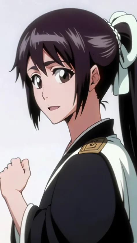 masterpiece, Highest quality , one girl from the side , romantic love , black hair, single ,ponytail, Straight long hair, Vancouver, brown eyes, kimono, white sleeveless coat ,Captain's coat without white sleeves, black kimono , smile, alone, I'm looking f...