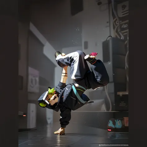 check_9,check_8_up,check_7_up,check_6_up,check_5_up,check_4_up, solo anthropomorphic furry, male, male, cyberpunk, breakdancer, dimension shifter, hood, baggy pants, slim, agile, full body, breakdancing, upside down