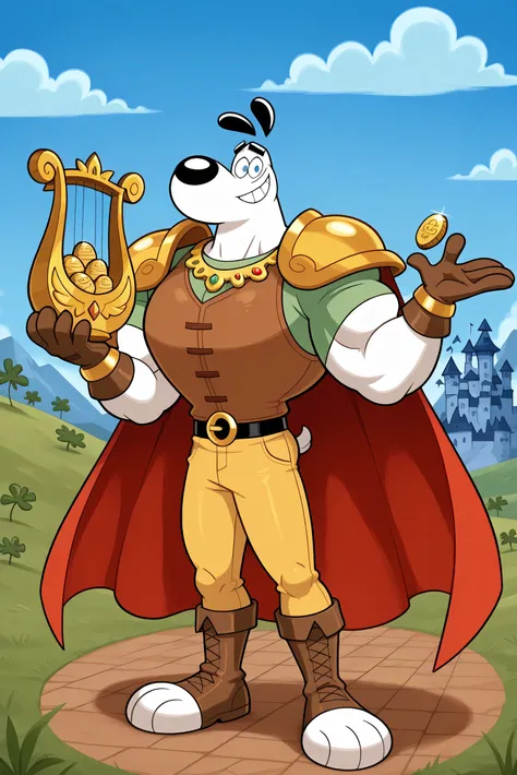 A Giant muscular dudley puppy (T.U.F.F Puppy), white dog, gigantic chin, cartoon 2d style, saturaded colors, giant size, macro size, full body, gigantic muscular body, giant castle background, Masterpiece, best quality, high quality, detailed, Dudley Puppy...