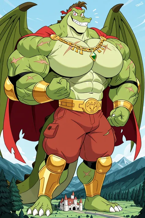 A Green Giant Max the crocodile as a weredragon, furry, (anthro), male, red eyes, looking at viewer, 2 biggest dragon wings ginomous biceps, enormous pectorals, detailed abs, muscular body, flexing his powerful muscles pose, bouncing pecs, muscular abs, (...
