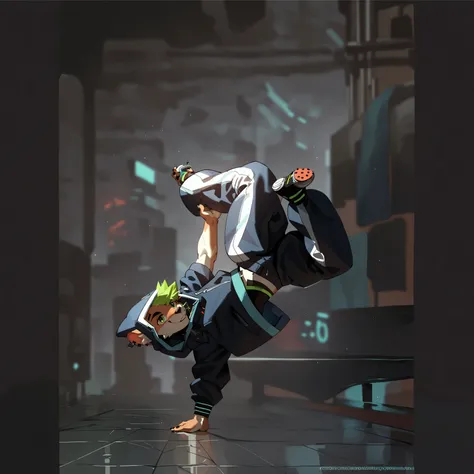 check_9,check_8_up,check_7_up,check_6_up,check_5_up,check_4_up, solo anthropomorphic furry, male, male, cyberpunk, breakdancer, dimension shifter, hood, baggy pants, slim, agile, full body, breakdancing, upside down