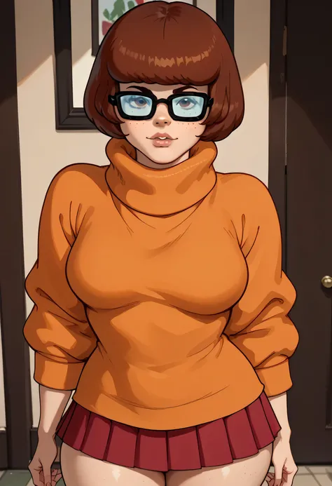 Velma Dinkley, (scooby doo), dark brown hair, short bangs hair, black thin eyebrows, dark brown eyes, glasses, lips without makeup, (medium breasts), orange sweater, dark red skirt, standing, ((thick thighs)), looking at viewer, pov