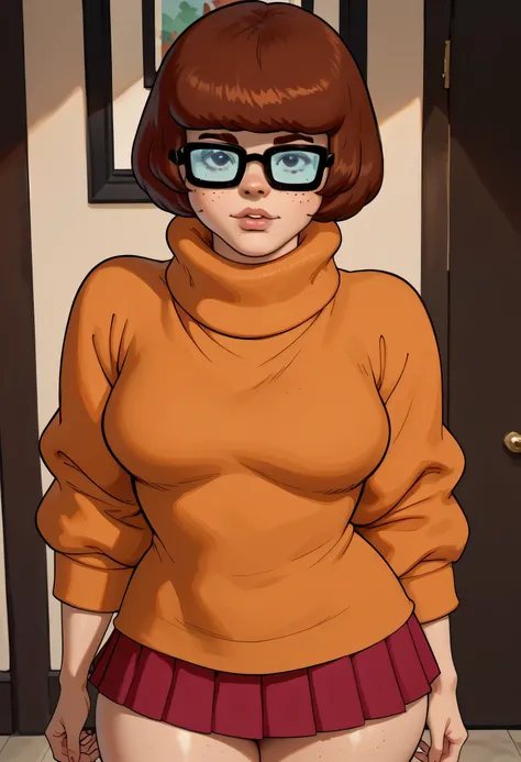 Velma Dinkley, (scooby doo), dark brown hair, short bangs hair, black thin eyebrows, dark brown eyes, glasses, lips without makeup, (medium breasts), orange sweater, dark red skirt, standing, ((thick thighs)), looking at viewer, pov
