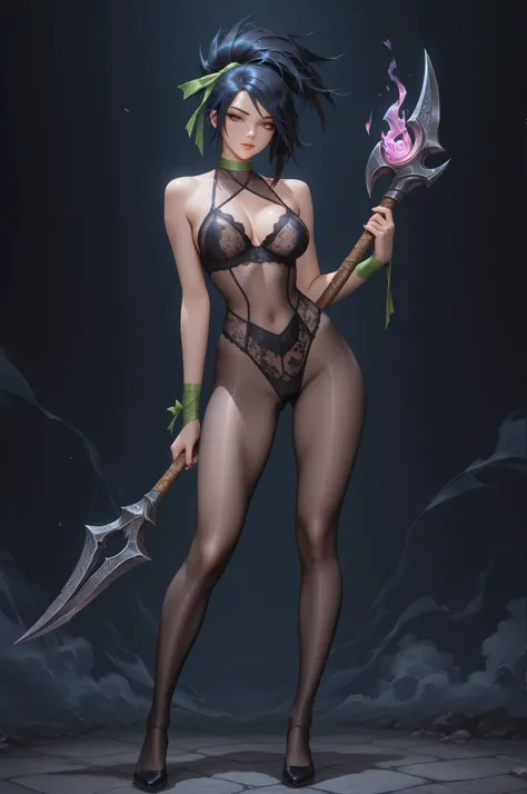 ultra sexy, seductive look, good body, black tight leotard, black pantyhose, sexy lingerie, sexy underwear, bodystocking, Akali from League of Legends, Full HD, masterpiece, best quality, standing full body, teenager with an athletic and sexy body