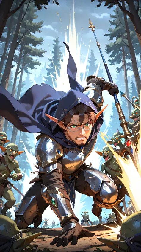 masterpiece, ultra-detailed, best quality, (1 boy, male elf, ethereal warrior mage, (silver eyeglasses, small eyeglasses), (right hand thrusting spear forward, ornate spear impaling goblin warrior, magical energy exploding on impact), (left hand unleashing...