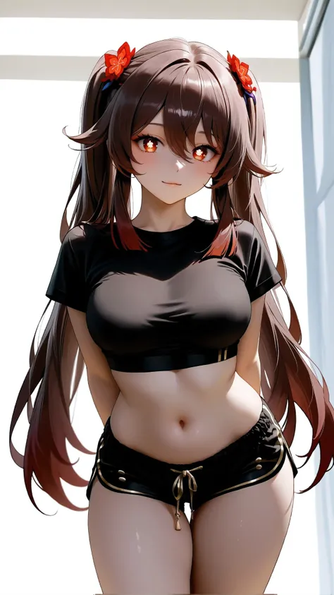 Hu_Tao_(Genshin_Impact), red_eyes, brown_hair, long_hair, twintails, symbol-shaped_pupils, Hu Tao, Genshin Impact, with a white background,intricate_details_xl, masterpiece, extremely detailed, 16k, solo, semi realistic, 1girl, adult ,((fullbody)), 1girl, ...