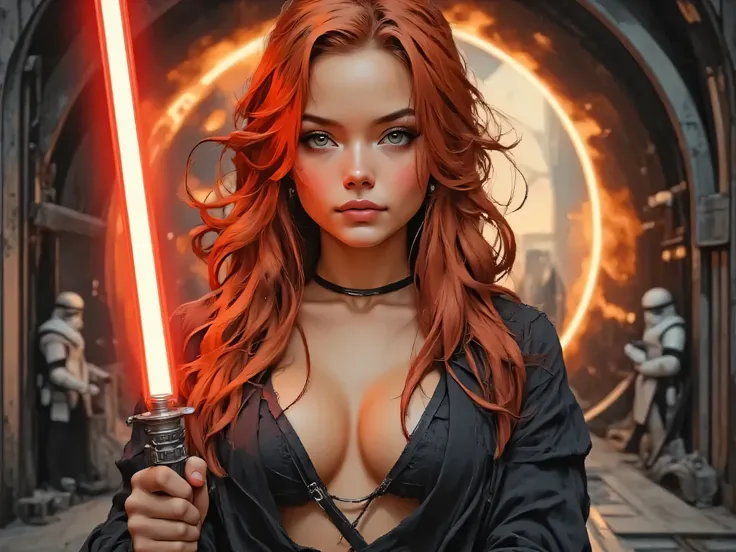 Character: A beautiful, commanding Mara Jade as a Sith Lord. She has vibrant wavy red hair, piercing green eyes, and fair, alabaster skin. She smiles slightly.
Attire & Pose: She wears the classic Sith tunic (or robes) reimagined with a sultry, pin-up sty...