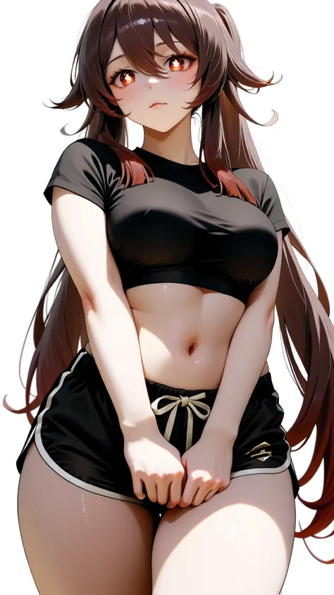 Hu_Tao_(Genshin_Impact), red_eyes, brown_hair, long_hair, twintails, symbol-shaped_pupils, Hu Tao, Genshin Impact, with a white background,intricate_details_xl, masterpiece, extremely detailed, 16k, solo, semi realistic, 1girl, adult ,((fullbody)), 1girl, ...